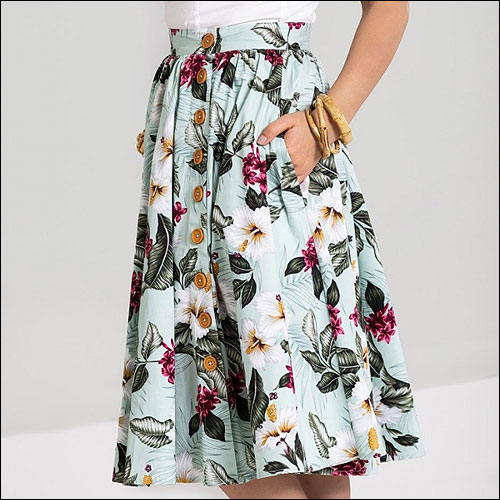 Tahiti hibiscus 50's style green full circle skirt XS - 4XL