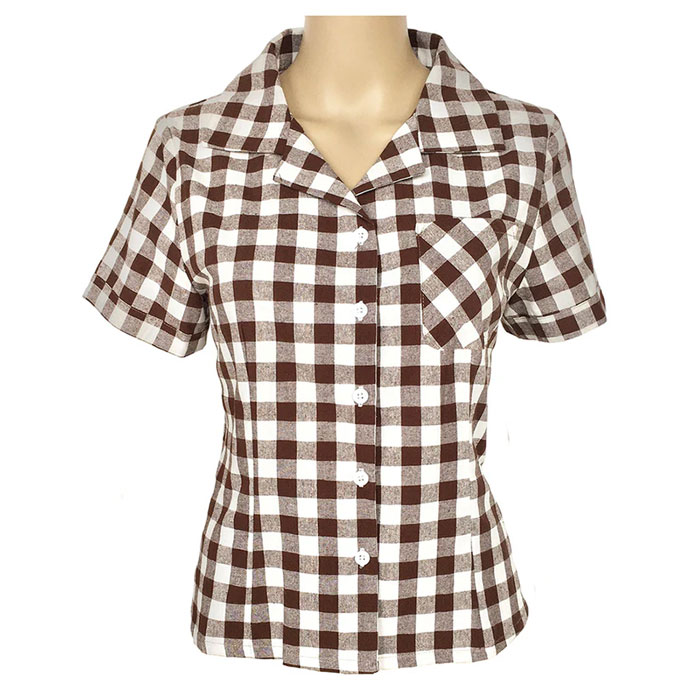 Brown gingham ladies rockabilly pinup shirt with front pocket