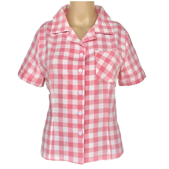 Pink gingham ladies rockabilly pinup shirt with pocket