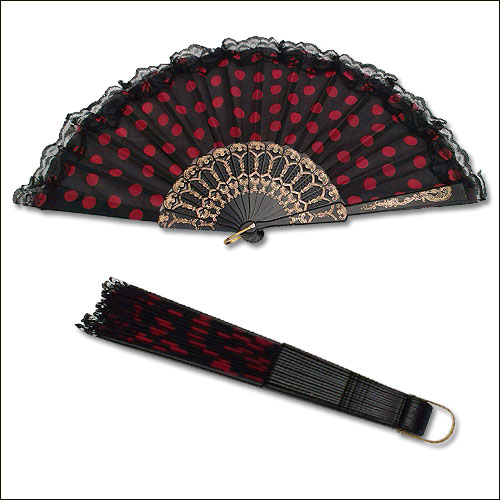Black red polka dot lace top rock and roll hand fan