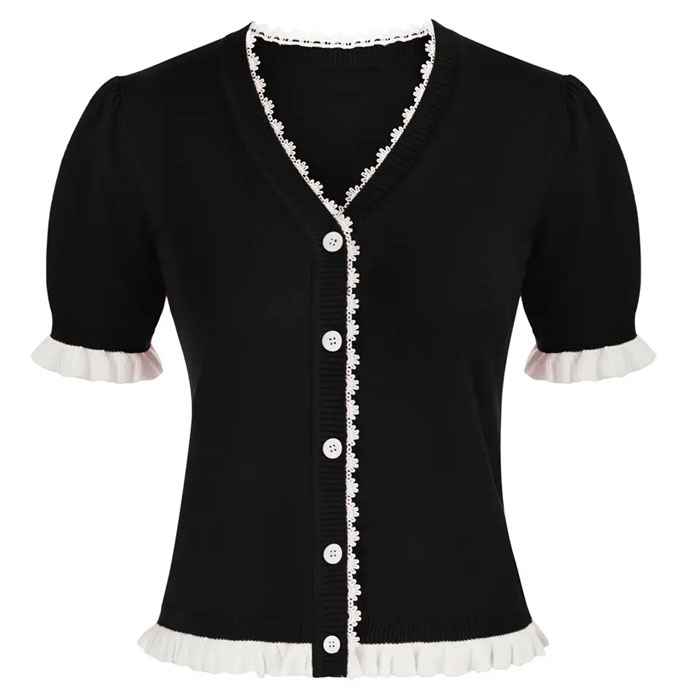Image of Black short sleeve lace trim button-up cardigan S - 2XL