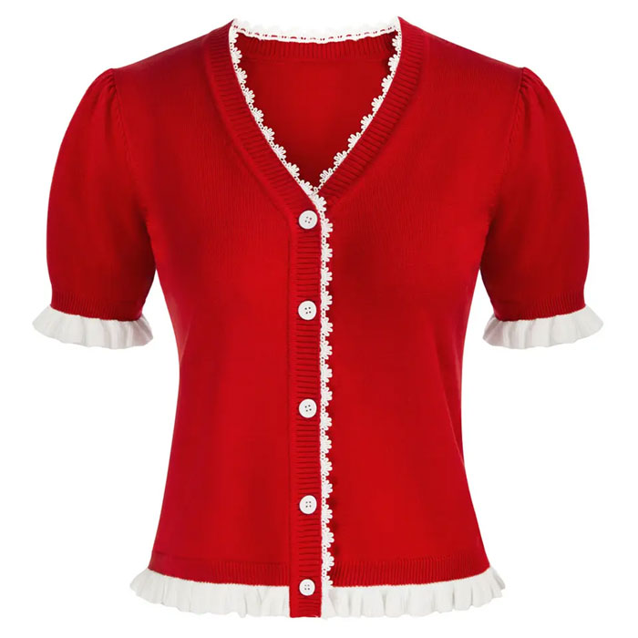 Image of Red short sleeve lace trim button-up cardigan S - 2XL