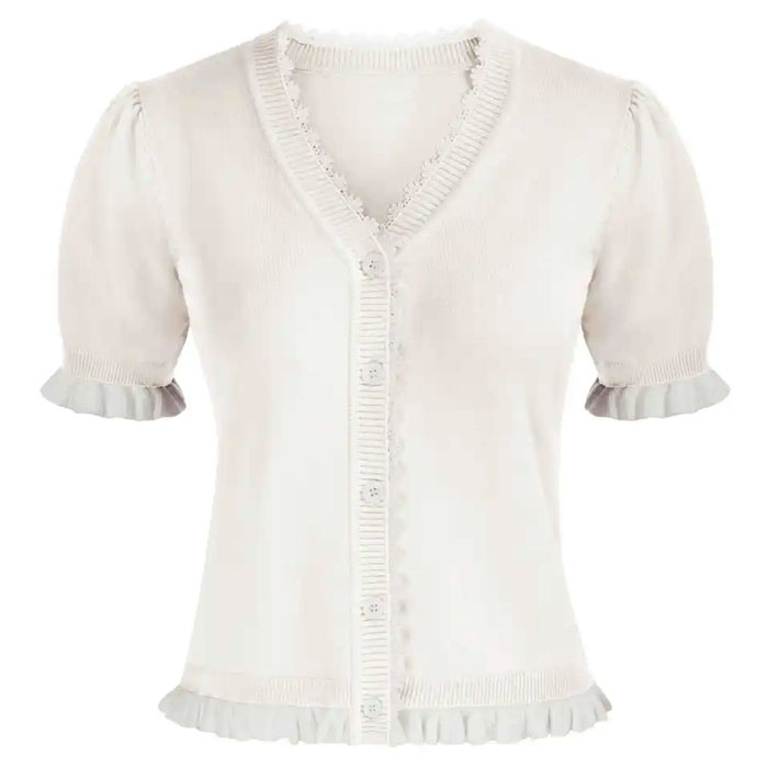 Ivory short sleeve lace trim button-up cardigan S - 2XL