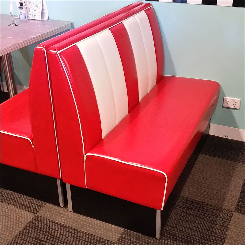 50's retro red and white diner booth bench seats