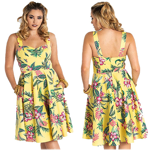 Hell Bunny Kalani yellow tropical floral print dress XS-4XL