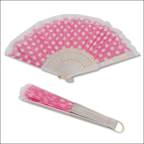 Pink white polka dot lace top rock and roll hand fan