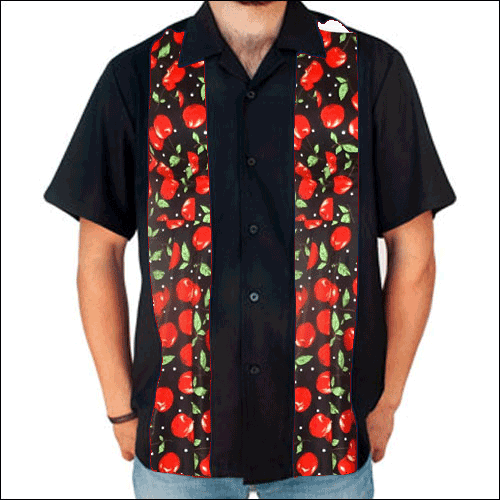 Image of Rocket 88 black red cherry panel bowling shirt