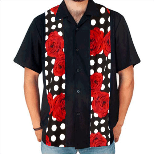 Rocket 88 black red rose panel rock 'n' roll bowling shirt