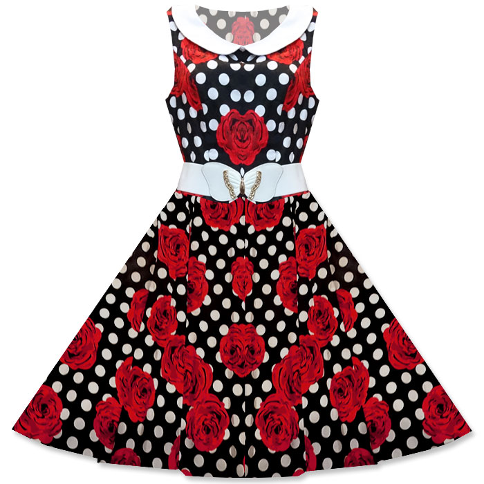 Image of Emily polka dot rose print dress with full circle skirt XS-3XL
