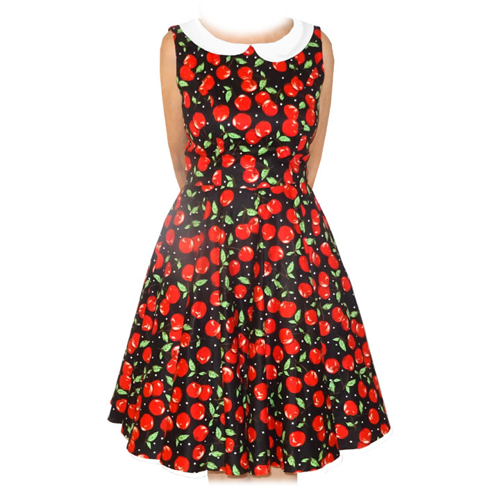 Emily cherry print dress with full circle skirt XS-3XL.