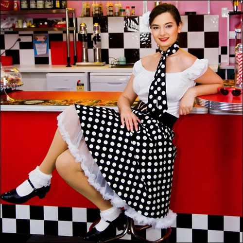 Image of Emily black white polka dot full circle skirt XS-2XL.