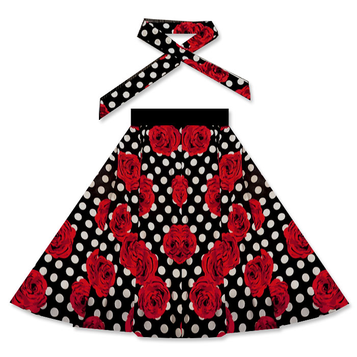 Image of Emily polka dot and rose print full circle skirt XS-2XL.