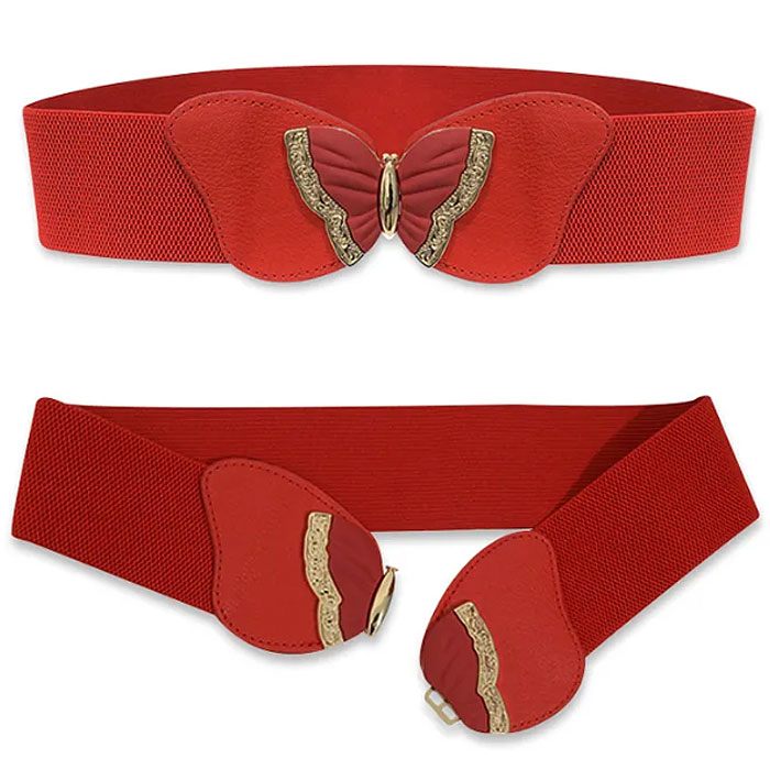 Image of Gold Trim Butterfly Buckle Elastic Belt - Red