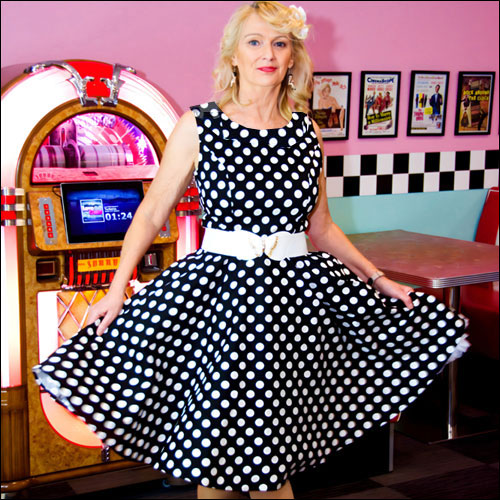 Rhiannon Lee retro vintage black white polka dot dress XS-3XL