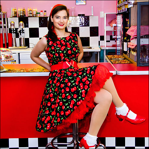 Image of Rhiannon Lee rockabilly cherry print rock and roll dress XS-3XL