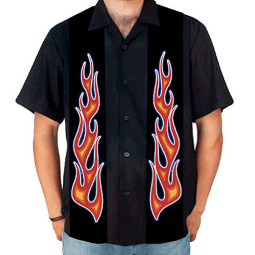 Image of Rocket 88 dual hot rod flame bowling shirt