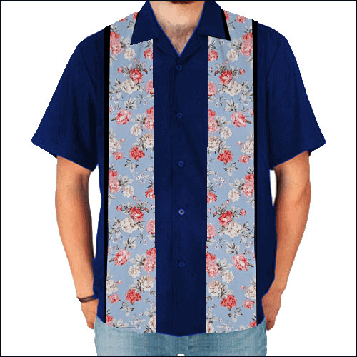 Image of Rocket 88 navy vintage floral panel rock 'n' roll bowling shirt