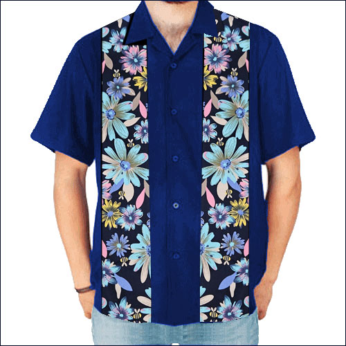 Rocket 88 navy tropical floral panel rock 'n' roll bowling shirt