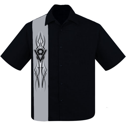 Image of Rocket 88 grey panel V8 pinstripe panel bowling shirt S-4XL