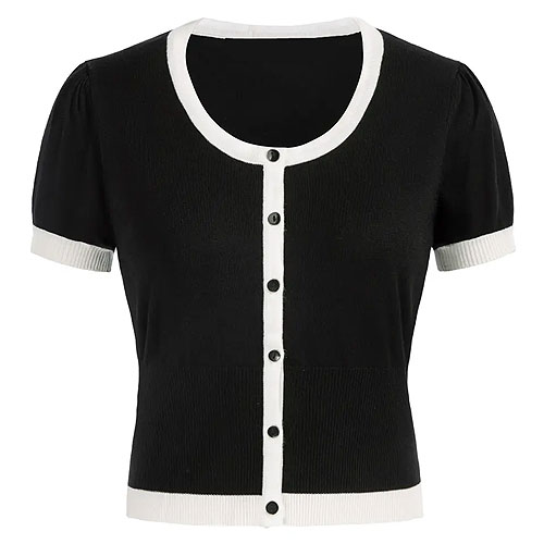 Image of Black short sleeve white trim button-up cardigan S - 2XL