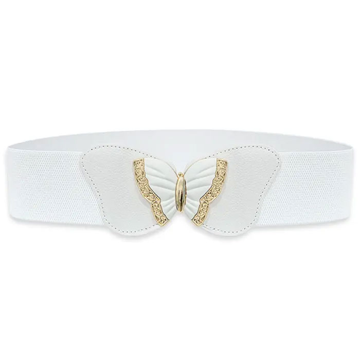Image of Gold Trim Butterfly Buckle Elastic Belt - White